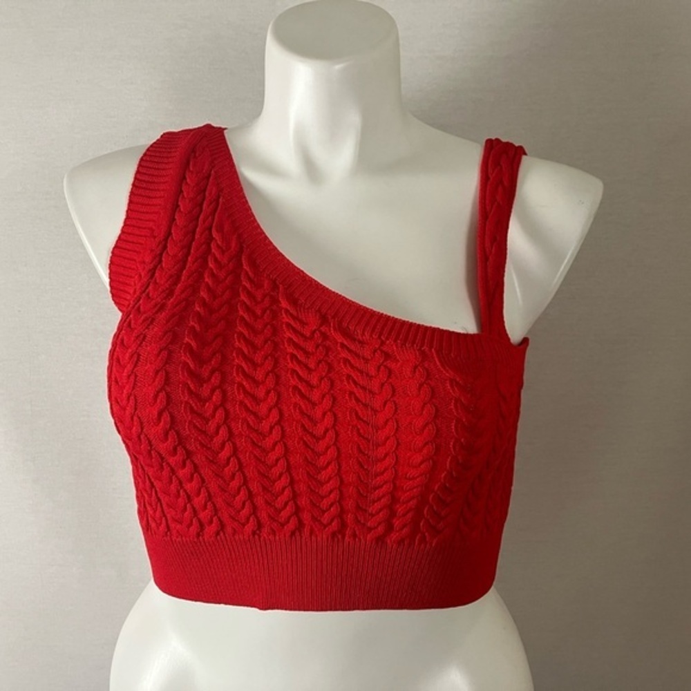 Red One-Shoulder Cable Knit Top
